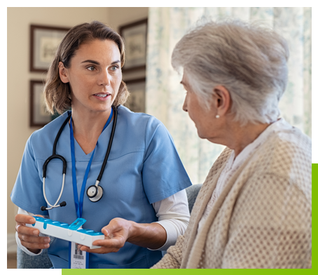 A caregiver discusses medication safety with an elderly patient
