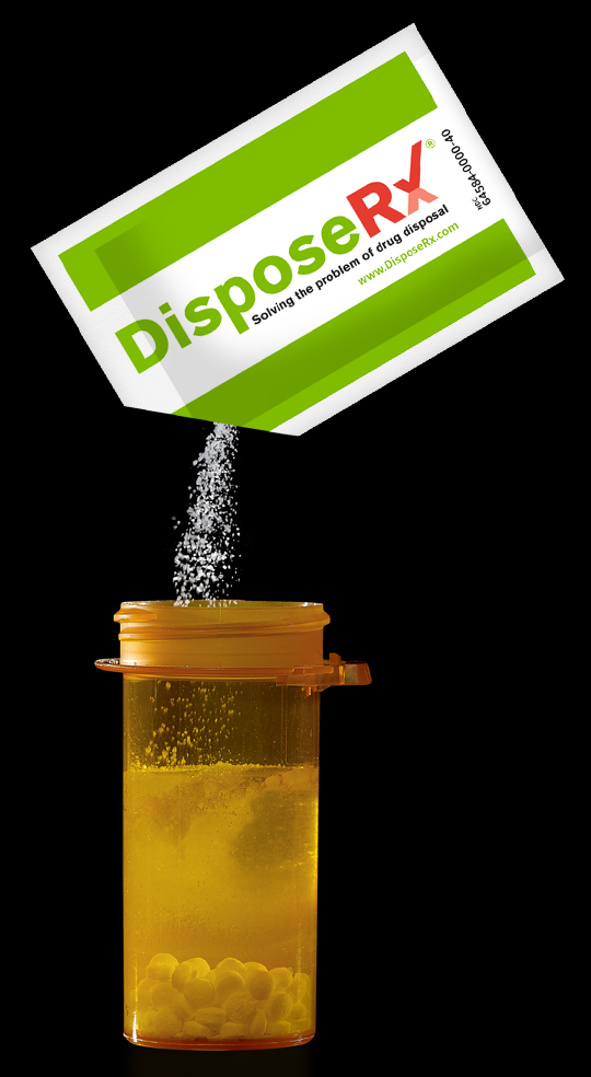 DisposeRx packet pouring into pill vial