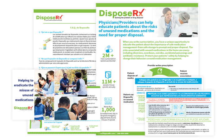 A selection of English, Spanish, and French medication disposal materials available for free download.