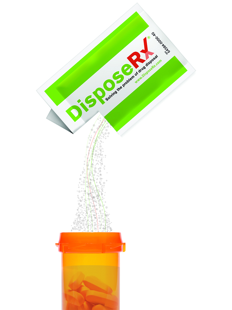 DisposeRx packet pouring powder into medication vial